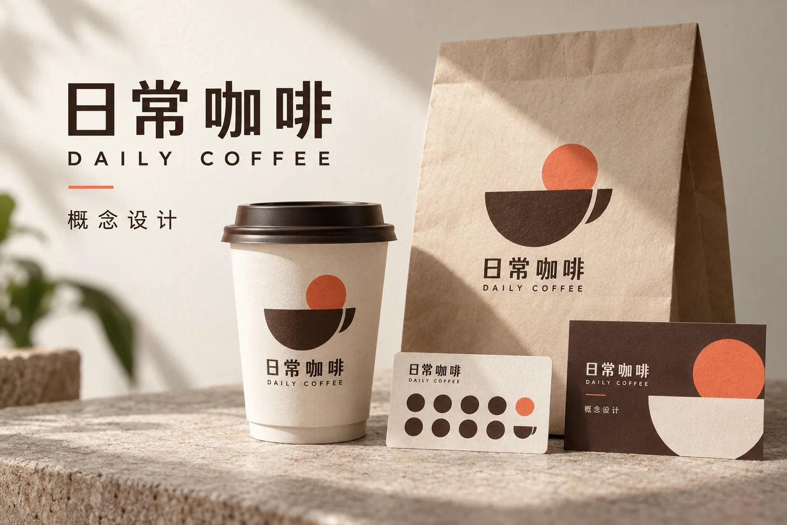 日常咖啡概念品牌的咖啡杯、纸袋和卡片视觉设计